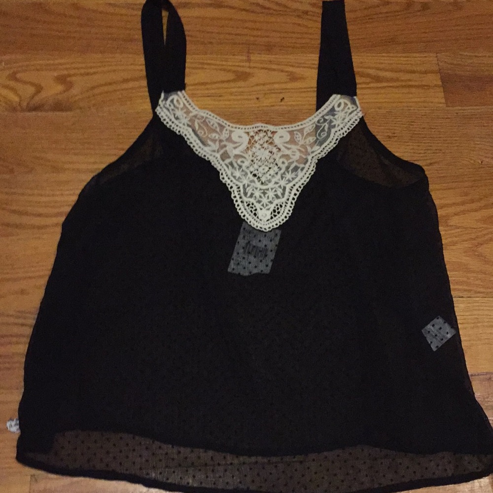 Chloe K Sheer black top with small dots and lace